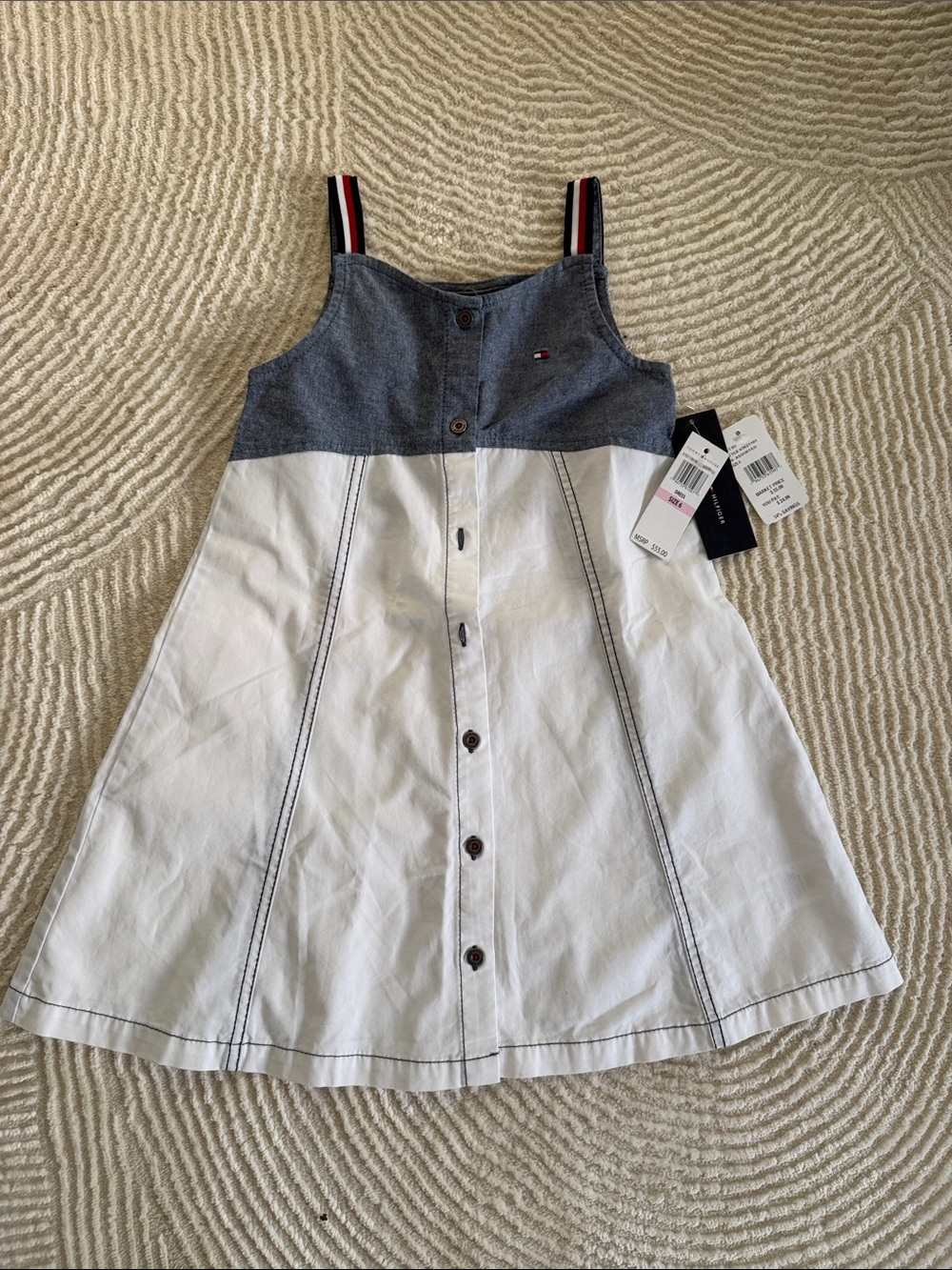 Tommy Hilfiger Colorblock A-Line Button Front Dress - Denim Blue & White